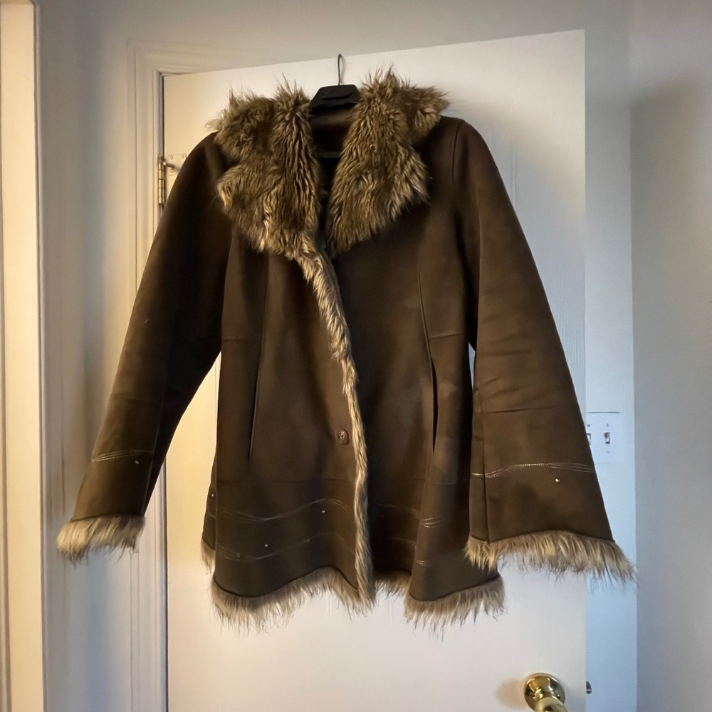 Faux Leather Jacket, brown, size L, with faux collar